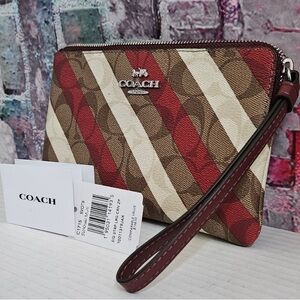 Coach Striped Wristlet in Red, Brown & Cream